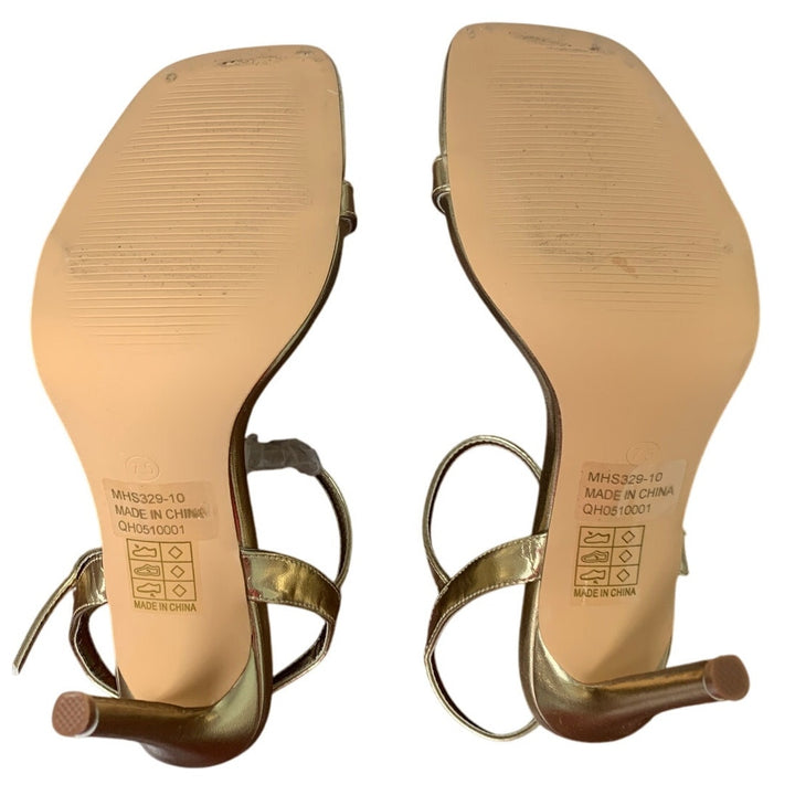 Elisabet Tang Womens Size 7.5 Shiny Gold 4.5" High Heel Open Toe Sandal Shoes