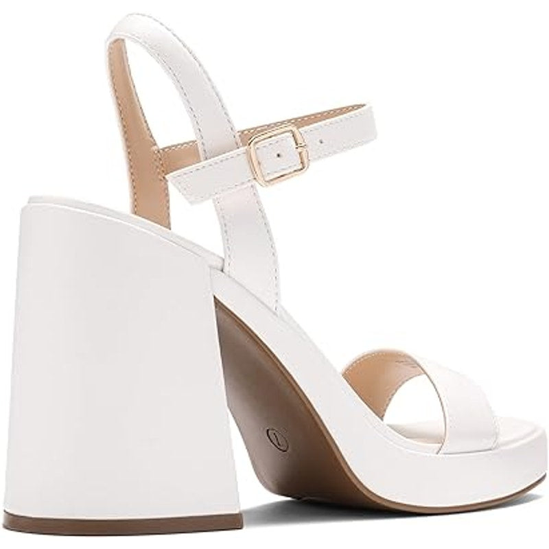Dream Pairs Womens 8.5 White Faux Leather 4.5" Block Heel Open Toe Sandal Shoes