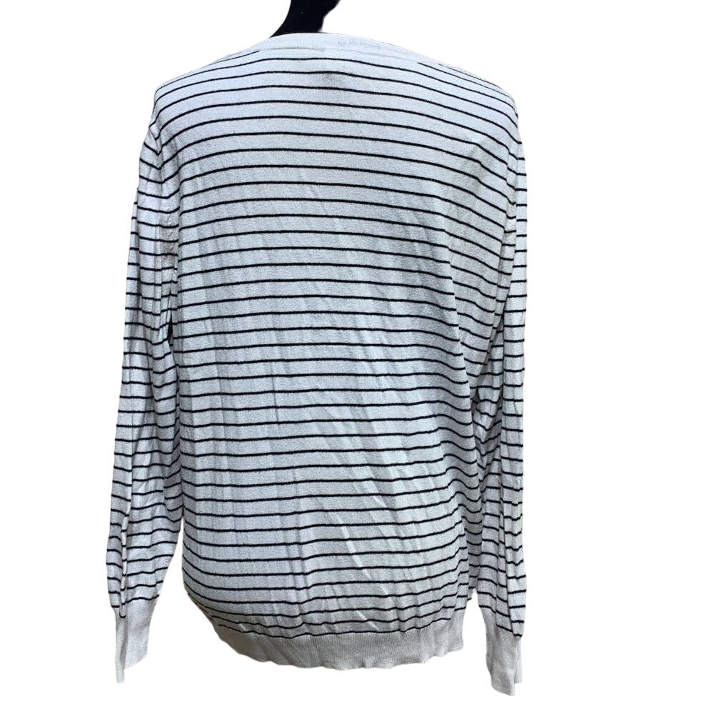 Worthington Petite XL Cotton Blend Black White Stripe Long Sleeve V-Neck Sweater