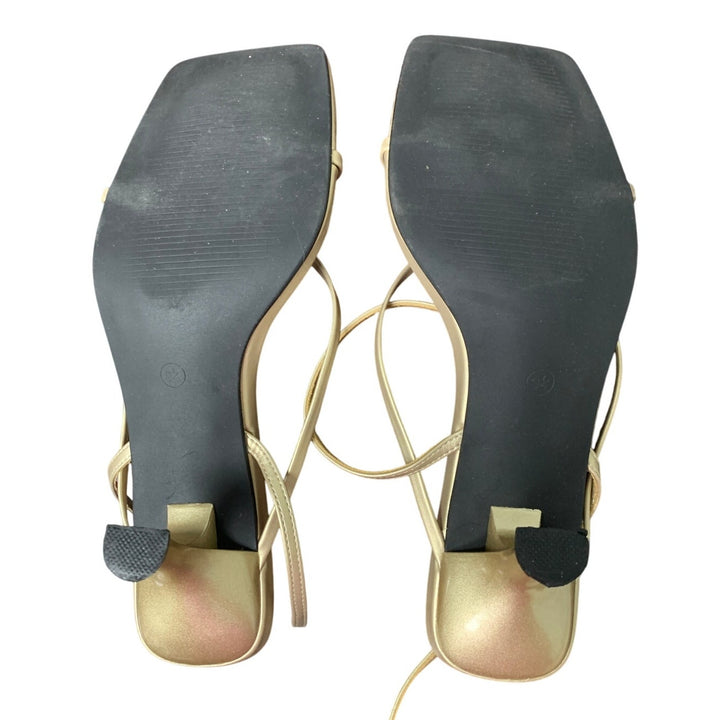 PiePieBuy Womens Size 9.5 Gold Open Toe Lace Up Thong 3" Heel Ankle Strap Shoes