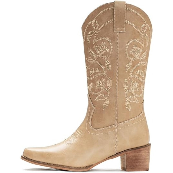 IUV Womens Size 8 Brown Faux Leather 2" Block Heel Mid Calf Western Cowboy Boots