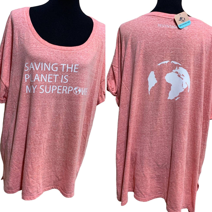 Hand Printed Upcycled Womens 2X Saving the Planet is My Superpower Tee Shirt