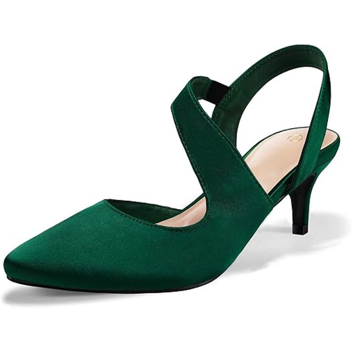 New Mysoft Womens Size 7.5W Wide Green Satin 2" Heel Closed Toe Slingback Shoes