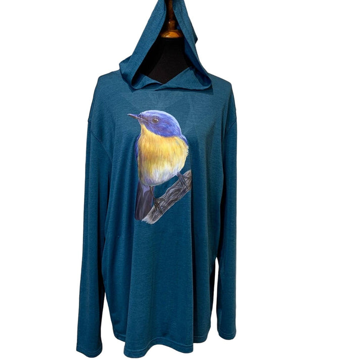 Upcycled Hand Printed Womens 2X Yellow Bluebird Ukraine Fundraiser Bird Tee