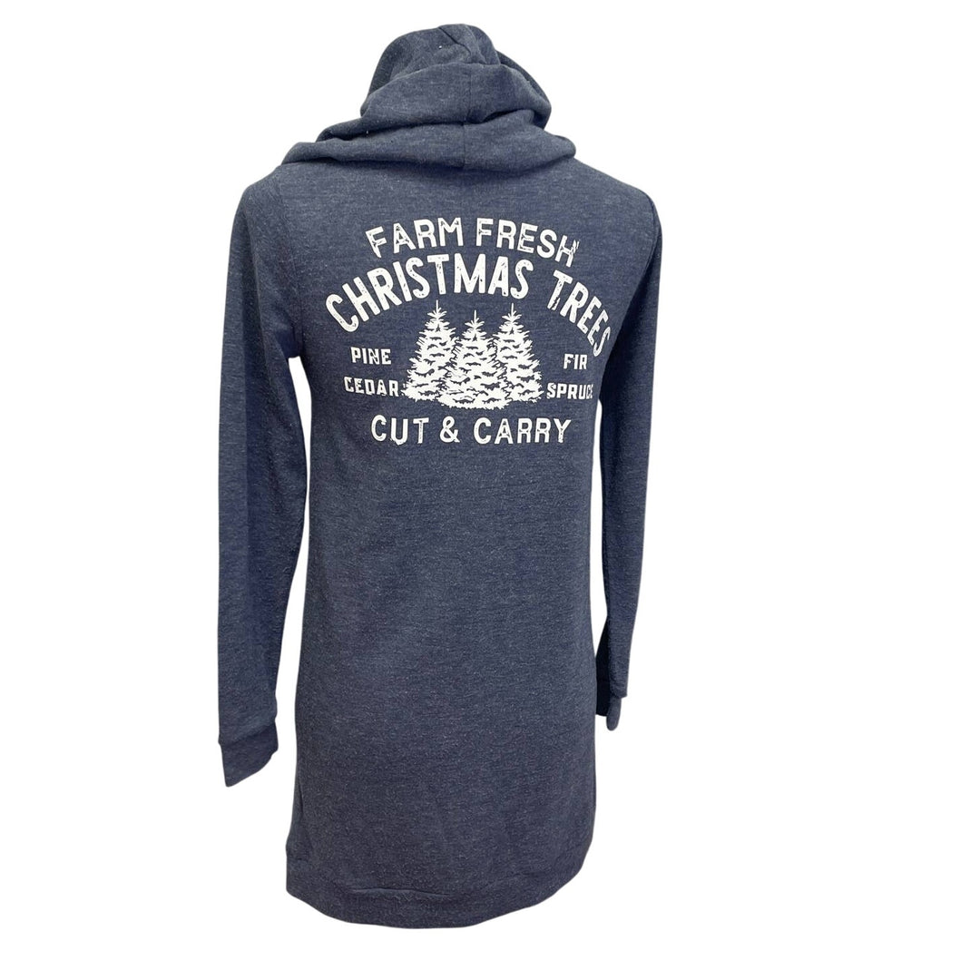 Upcycled Hand Printed Womens Small Farm Christmas Tree Farm 1/4 Zip Long Hoodie