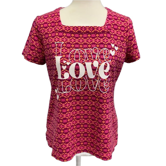Hand Printed Upcycled Womens XL Valentine Love Love Love Floral Boat Neck Top
