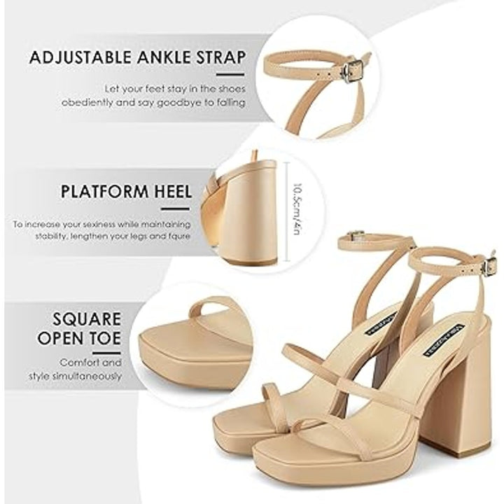 MiraAzzurra Womens Size 6 Tan 4.5" Chunky Heel Open Toe Ankle Strap Sandal Shoes