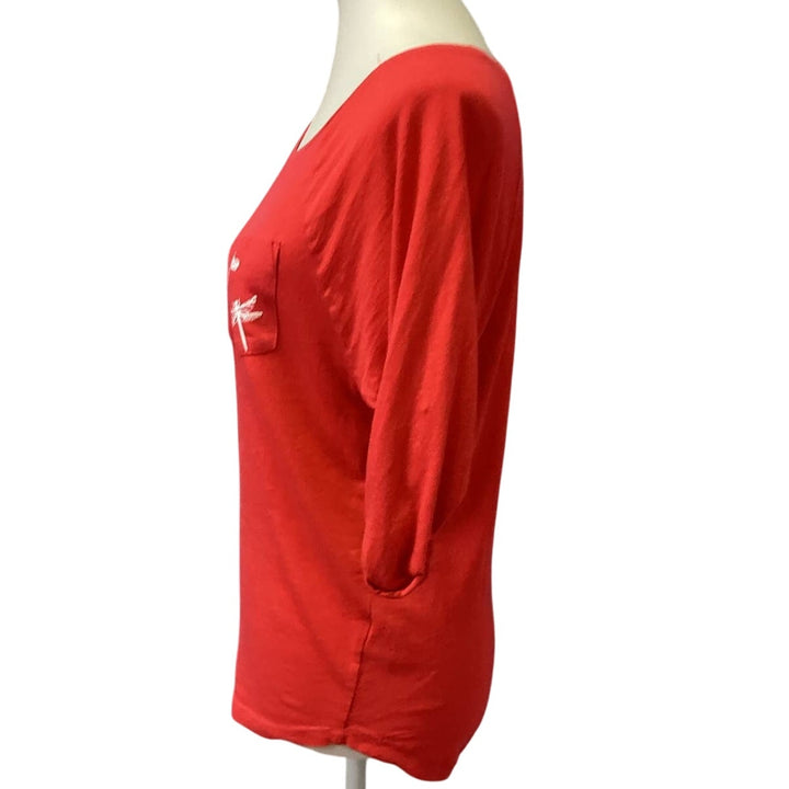 Hand Printed Upcycled Womens Size 2 XS Dragonfly Scoop Neck Cotton Tee Shirt