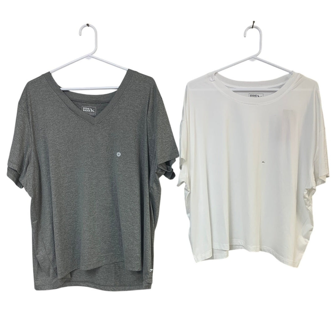 2 New Eddie Bauer Womens 2X XXL Gray White Surreal Travel Crew V Neck Tee Shirts