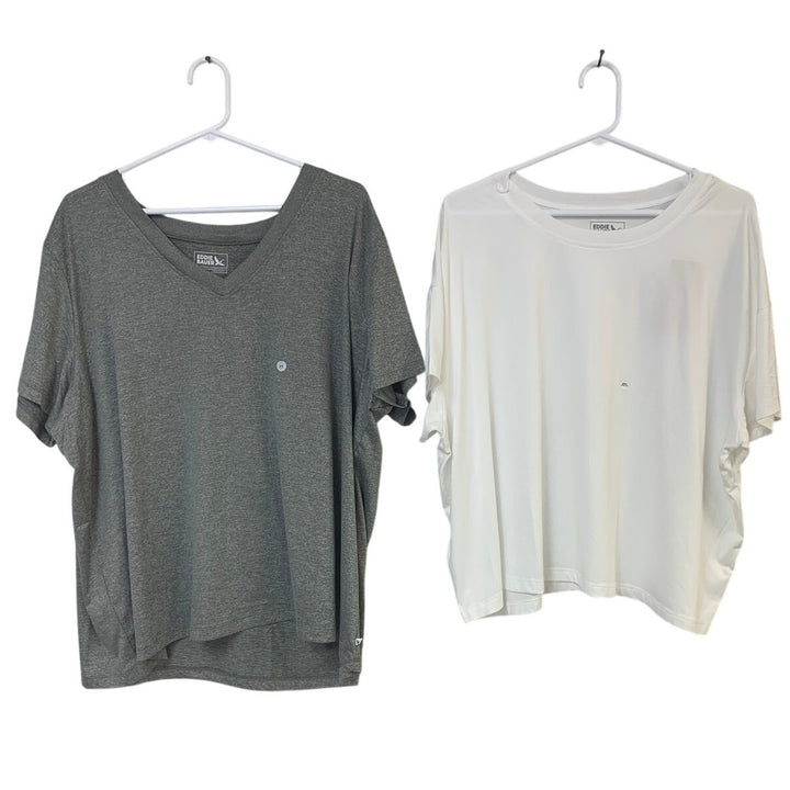 2 New Eddie Bauer Womens 2X XXL Gray White Surreal Travel Crew V Neck Tee Shirts