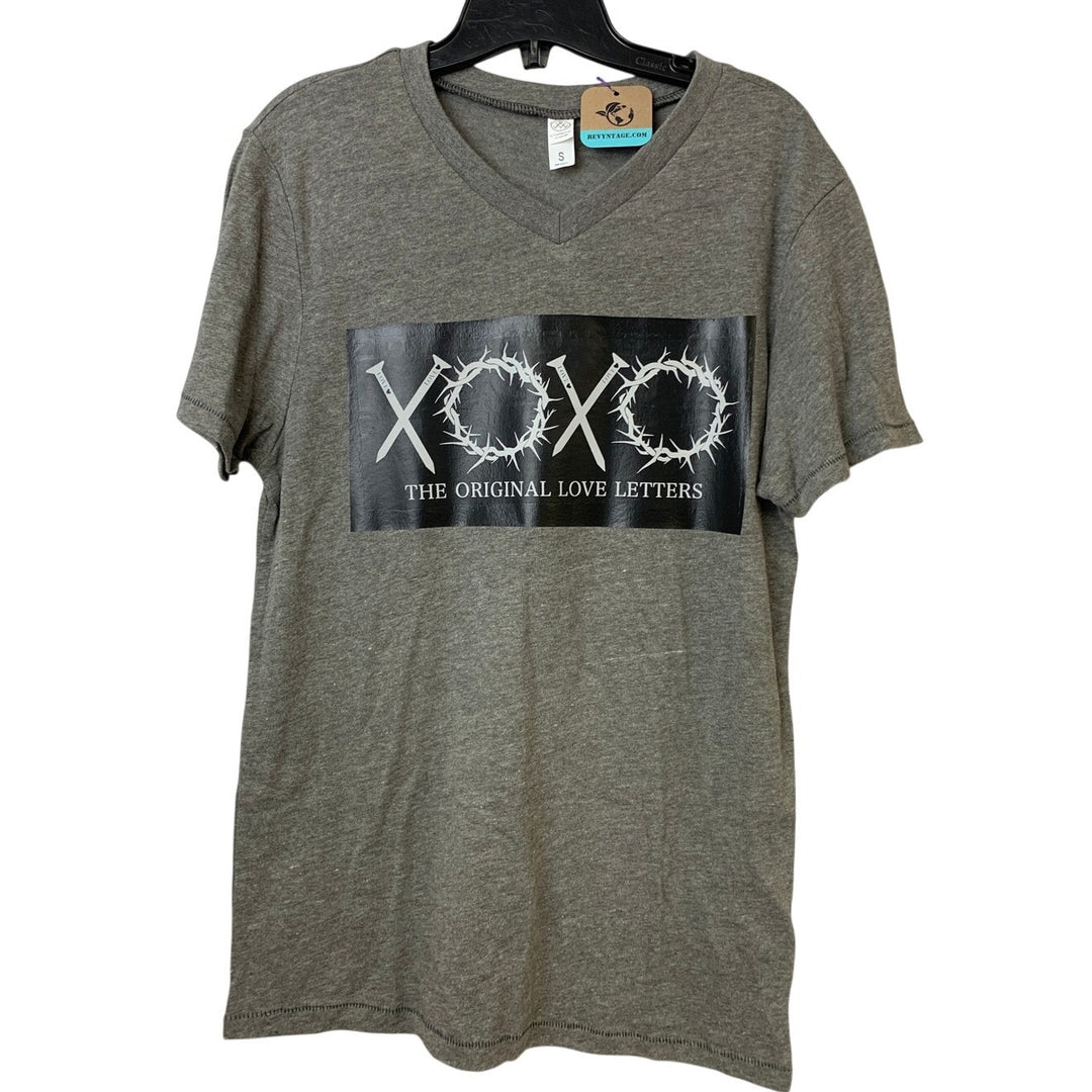 New Upcycled Hand Printed Women Small Gray Jesus Easter Love Letters Tee Shirt
