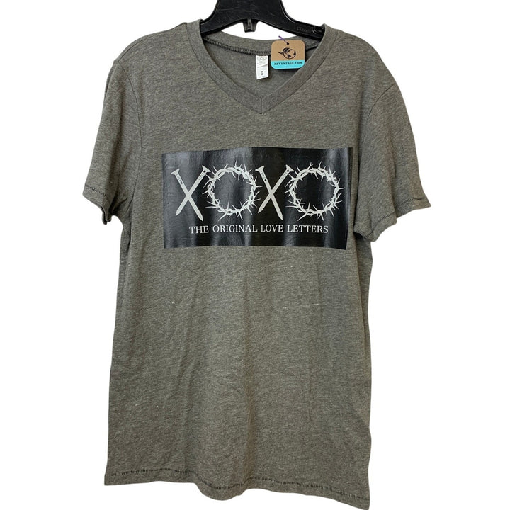 New Upcycled Hand Printed Women Small Gray Jesus Easter Love Letters Tee Shirt