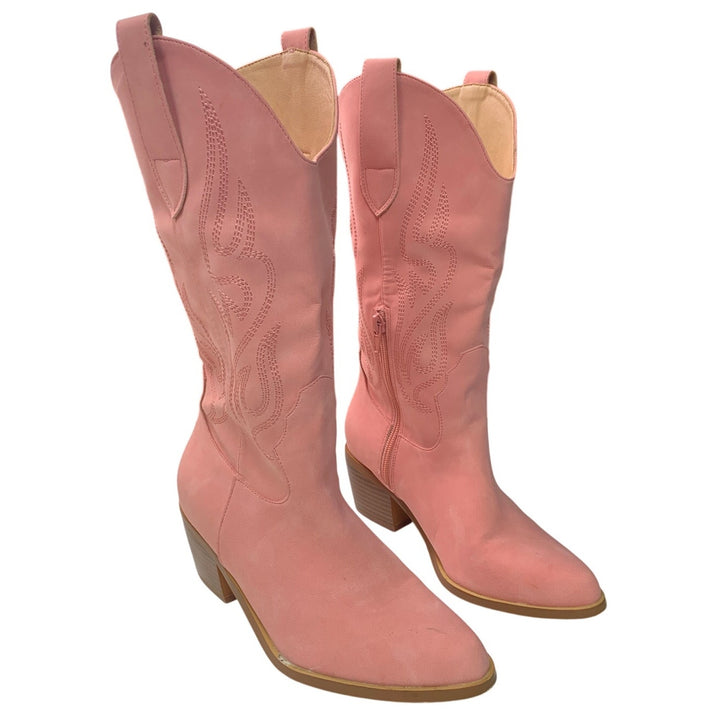 Womens Size 6 Pink Pointed Toe 2" Block Heel Pull On Embroidered Cowboy Boots