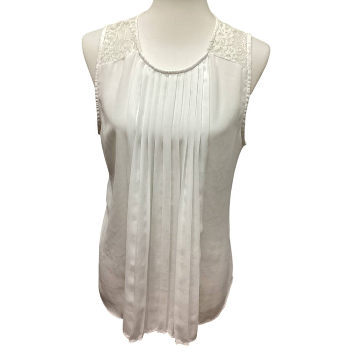 Womens Medium Sleeveless Pleated Front Lacy Back White Flowy Tank Top