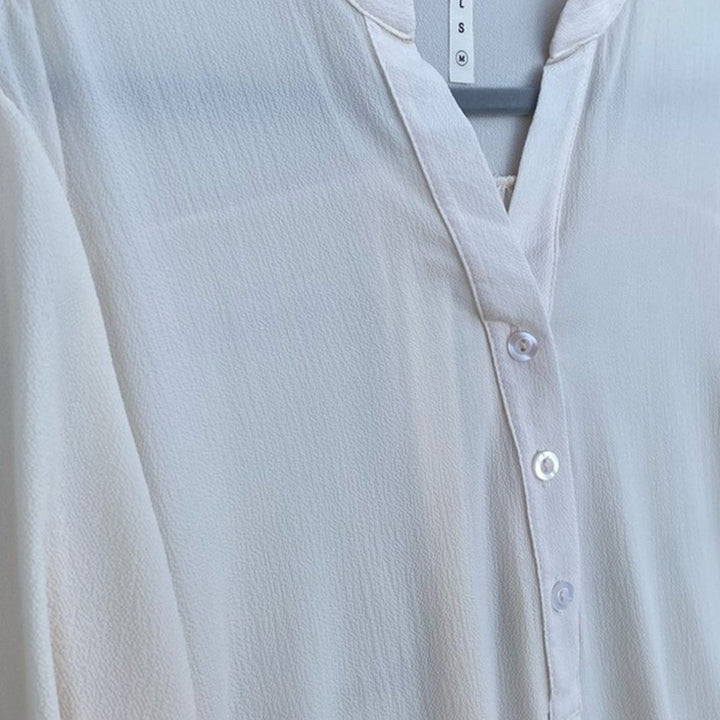 New Mitto Shop Medium Bubble Crepe Button Down Tab Sleeve Pocket Tunic Blouse