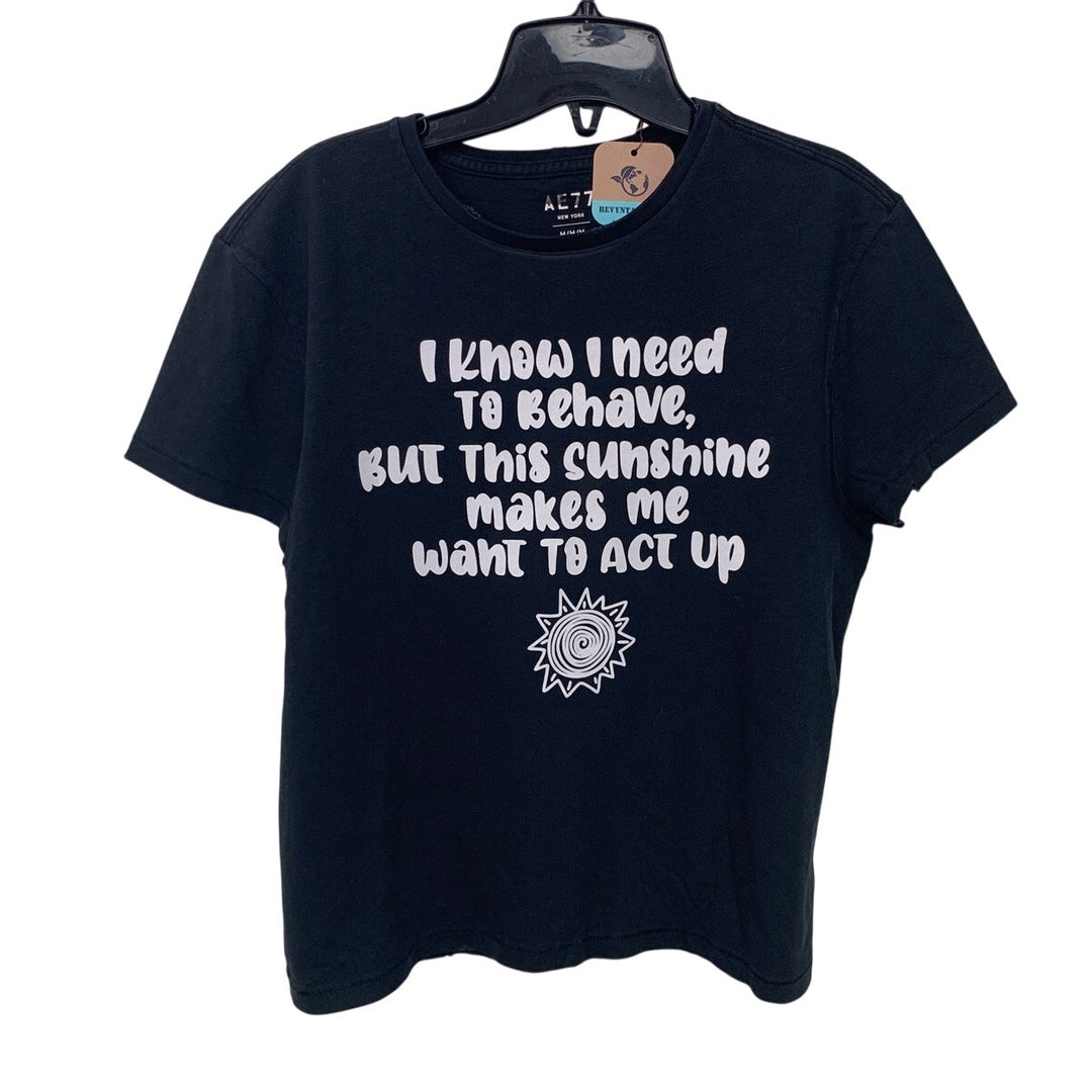 New Upcycled Hand Printed Womens Medium Need To Behave Sunshine Summer Tee