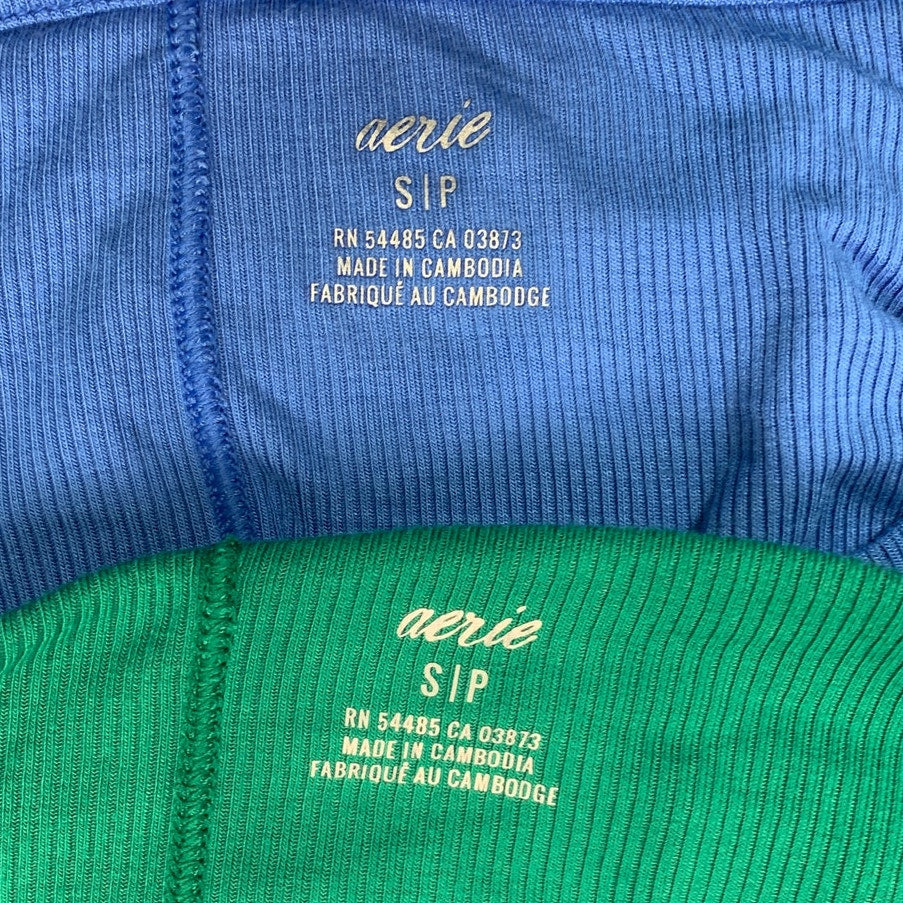 2 New Aerie Womens Small Ribbed Short Sleeve Crew Neck Back Seam Tee Shirts