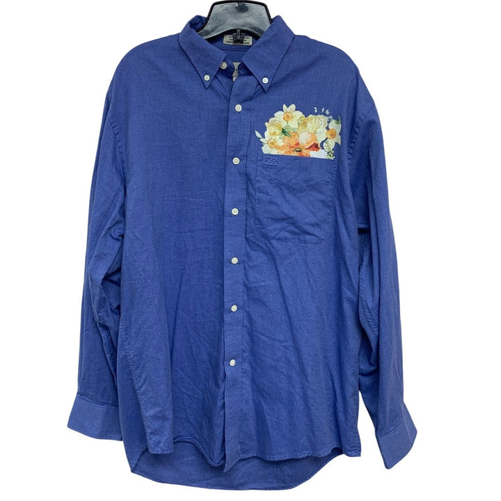Upcycled Hand Printed Mens Medium Daffodil Floral Long Sleeve Button Down Shirt