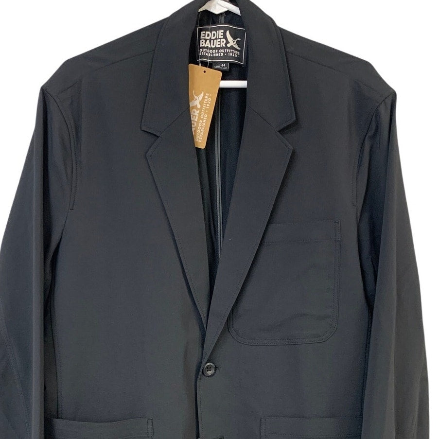 New Eddie Bauer Mens Size 44 Black Button Front Get Away Travel Blazer w Pockets