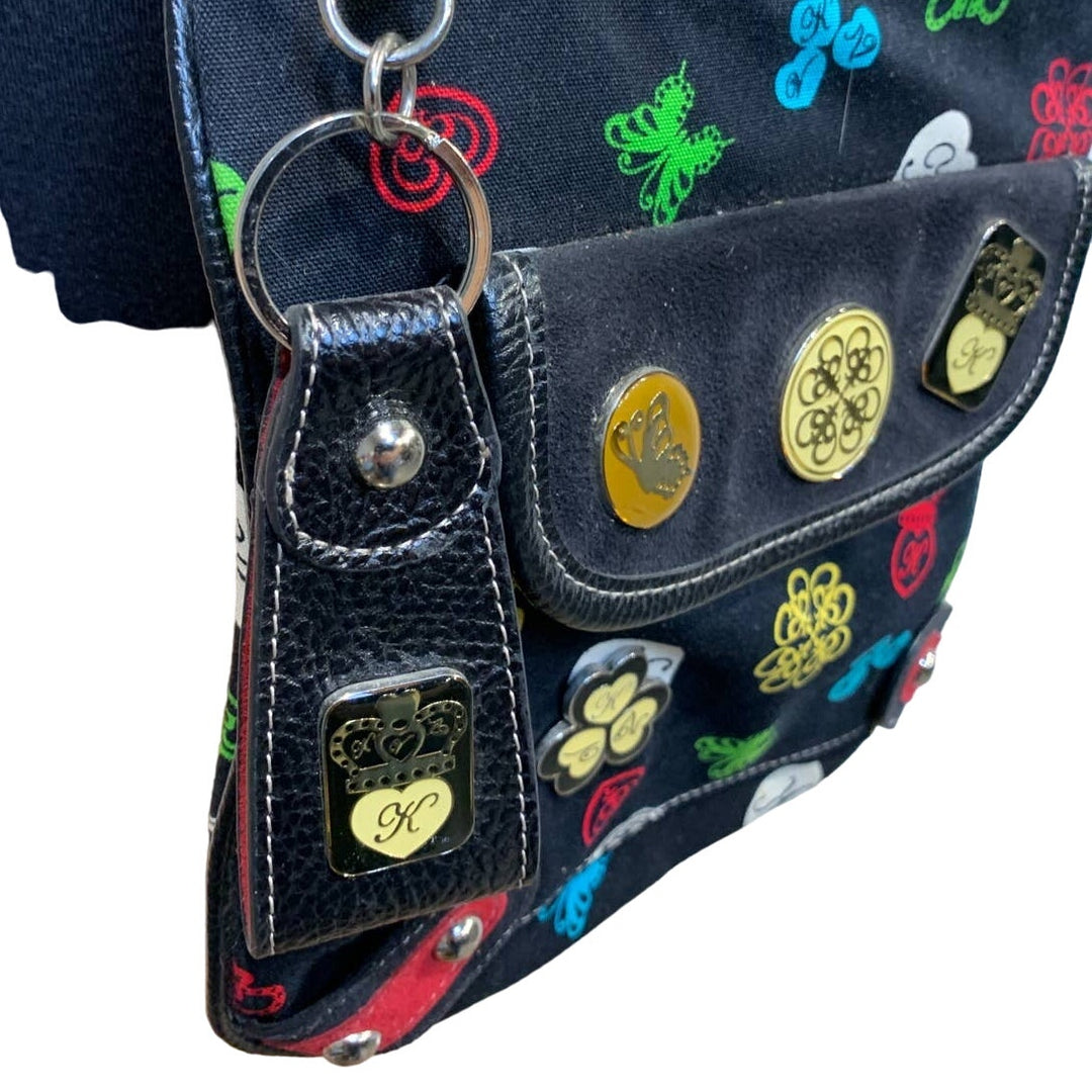 Kathy Van Zeeland Black Canvas Crossbody Purse Lots of Zip Pockets Keychain