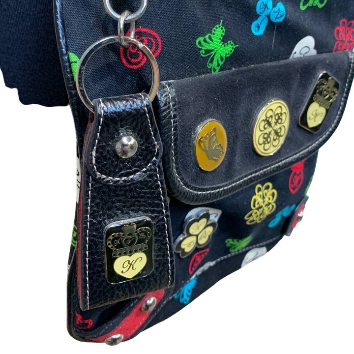 Kathy Van Zeeland Black Canvas Crossbody Purse Lots of Zip Pockets Keychain