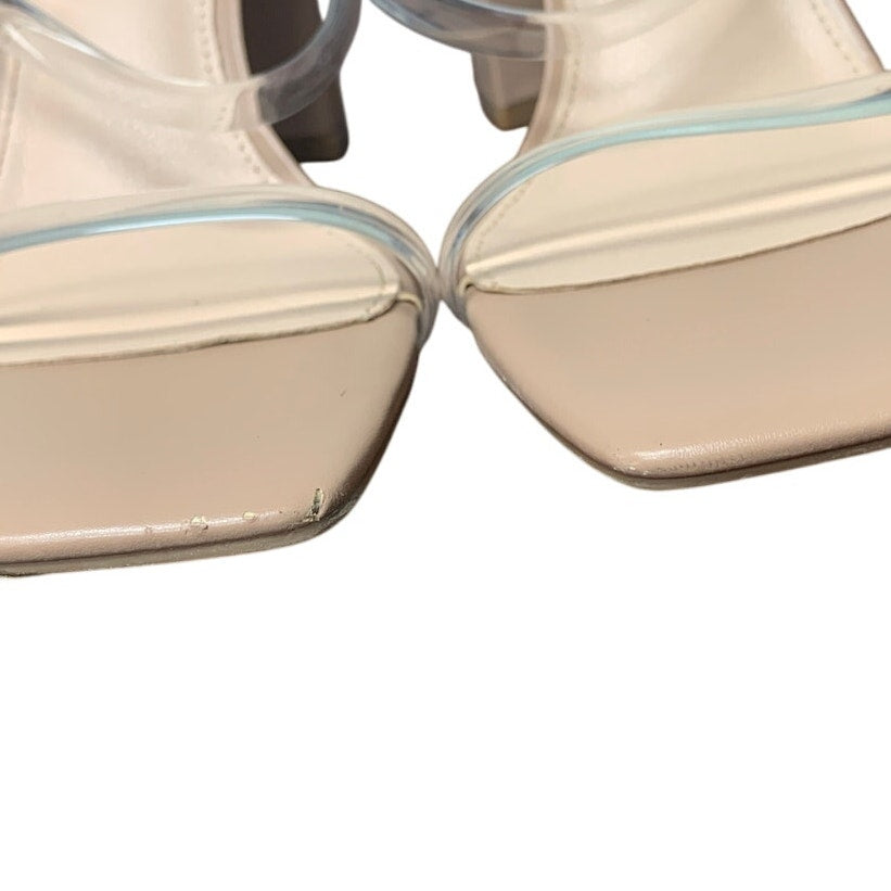 Athlefit Womens Size 7.5 Tan Open Toe Clear Strap 3.5" Heel Slip On Sandal Shoes