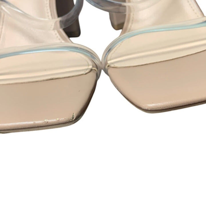 Athlefit Womens Size 7.5 Tan Open Toe Clear Strap 3.5" Heel Slip On Sandal Shoes