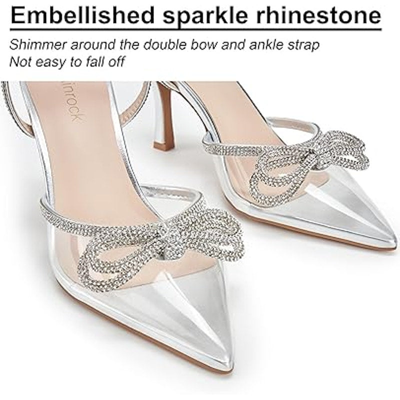 Ainrock Womens Size 8.5 SIlver Rhinestone Clear Strap Bow Wedding 3.5" Heels