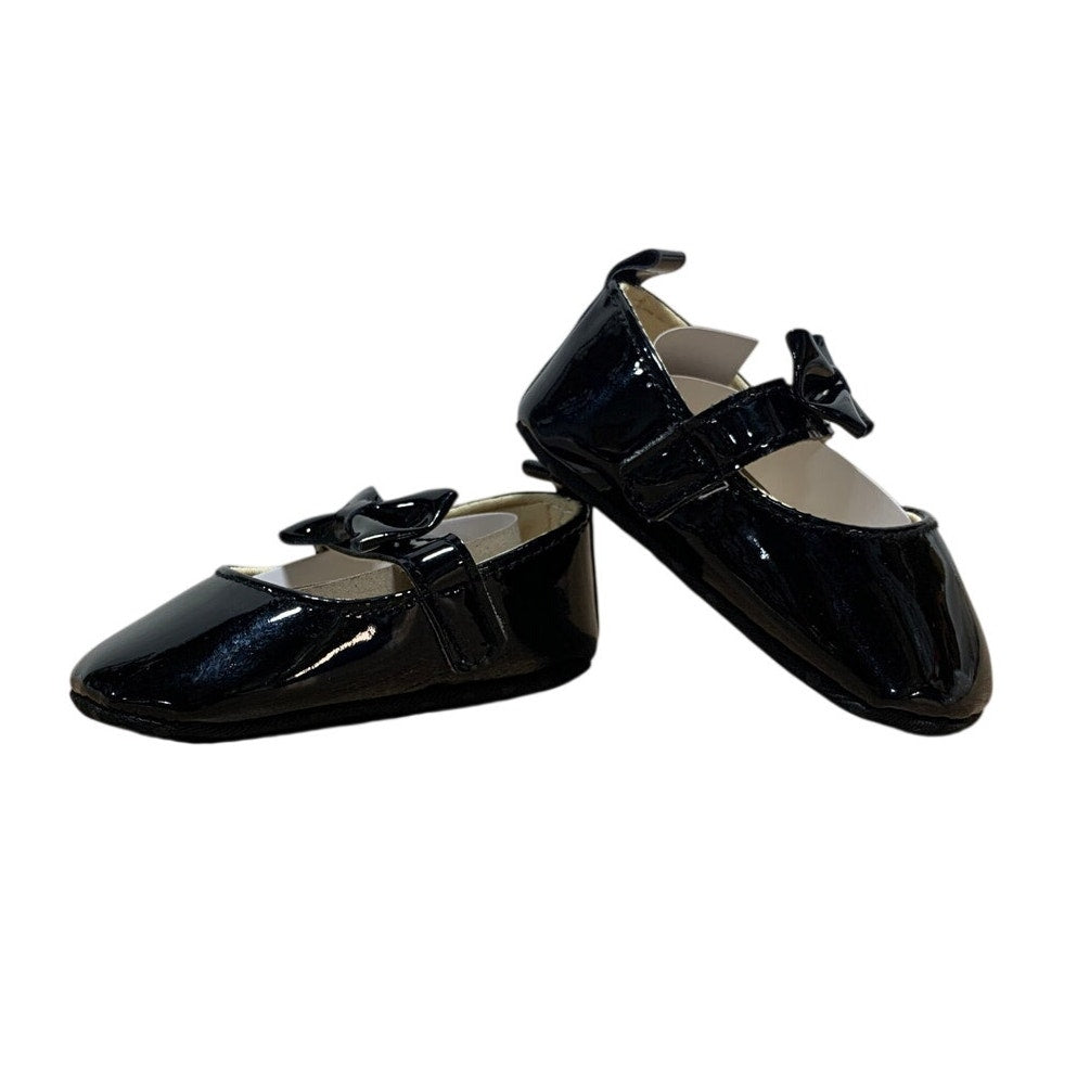 Newborn Baby Girls Size 1 Shiny Black Patent Leather Mary Jane Bow Infant Shoes