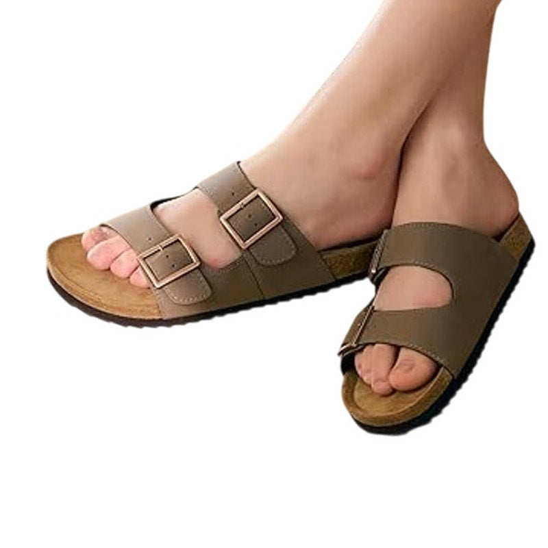 Dream Pairs Womens 8.5 Brown Faux Leather Cork Slide On Open Toe Sandal Shoes