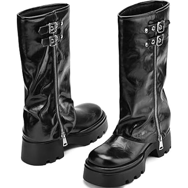 Teaieui Women Size 6.5 Black Faux Leather 2" Heel Mid Calf Buckle Zip Moto Boots
