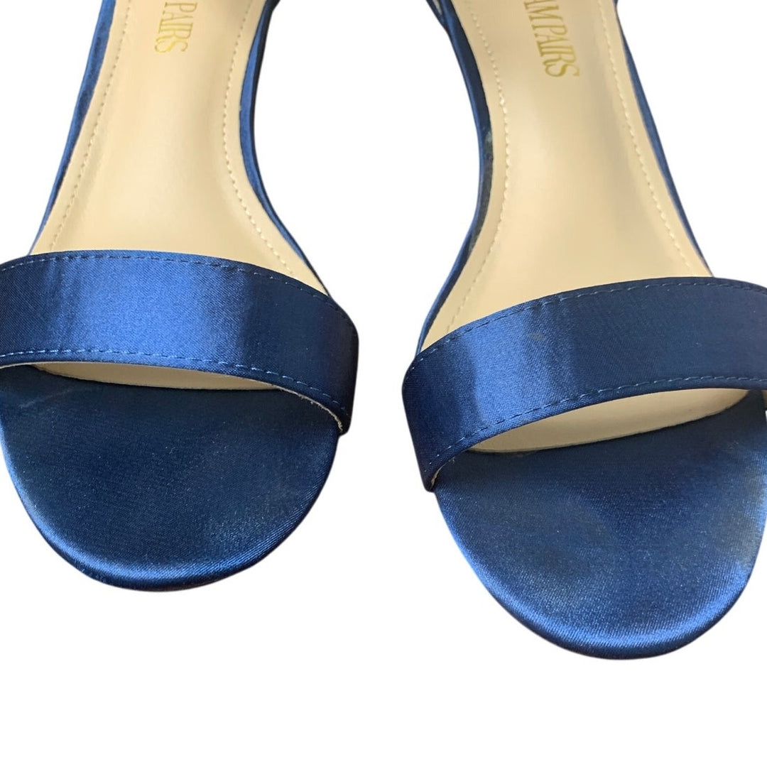 Dream Pairs Womens Size 7.5 Navy Blue Satin Open Toe Ankle Strap 2.5" Heel Shoes