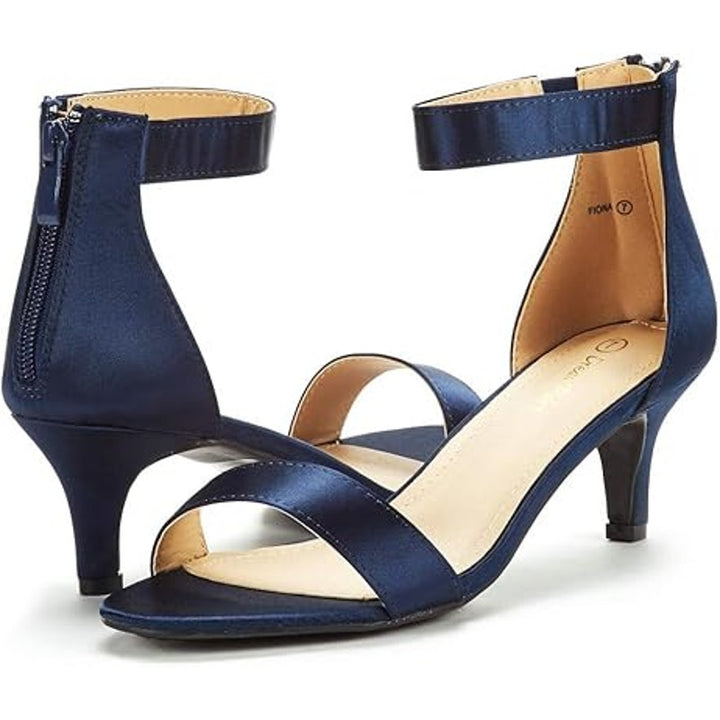 Dream Pairs Womens Size 7.5 Navy Blue Satin Open Toe Ankle Strap 2.5" Heel Shoes