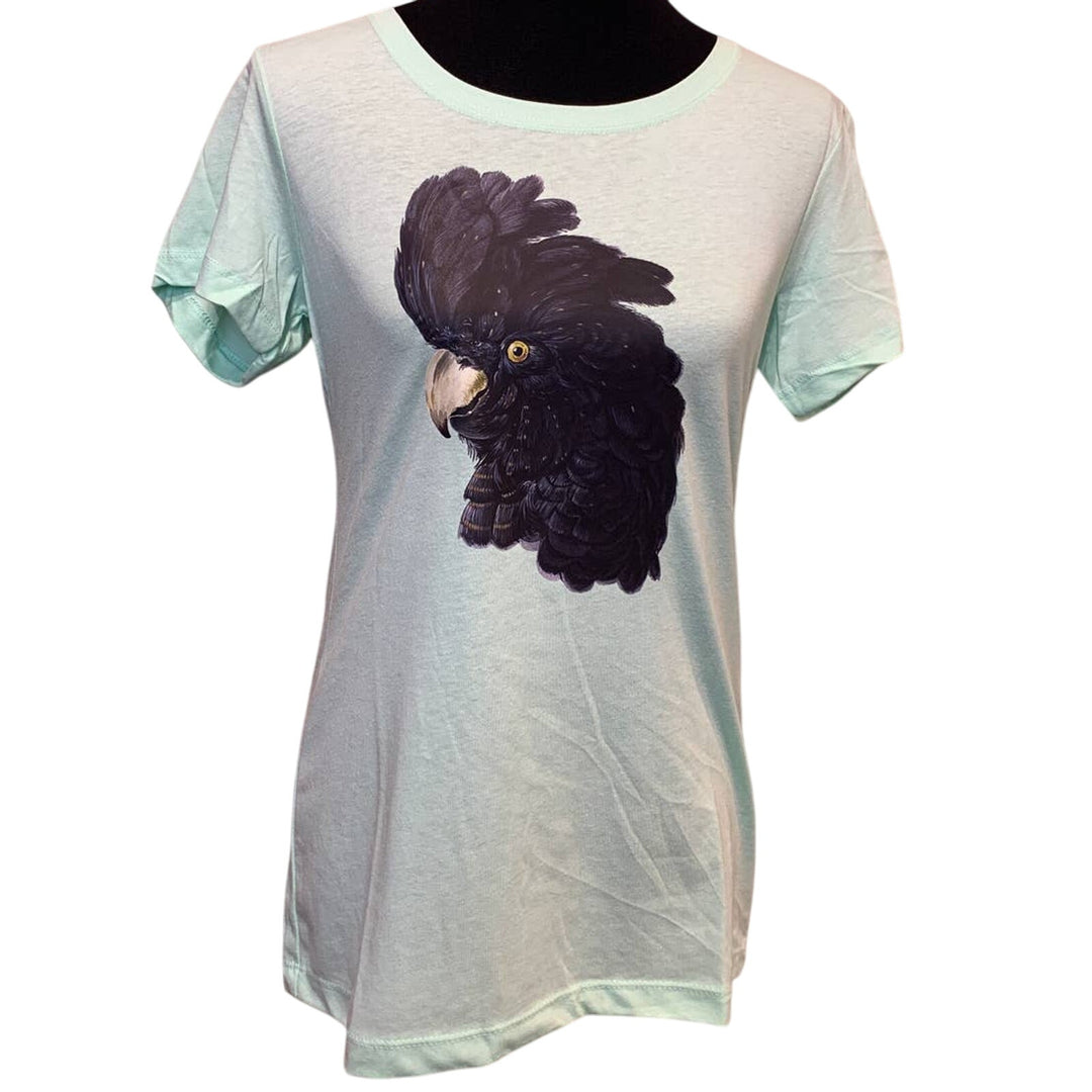 New Hand Printed Womens Large Mint Green Black Cockatoo Parrot Ukraine Tee