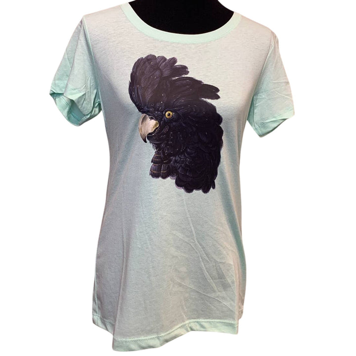 New Hand Printed Womens Large Mint Green Black Cockatoo Parrot Ukraine Tee