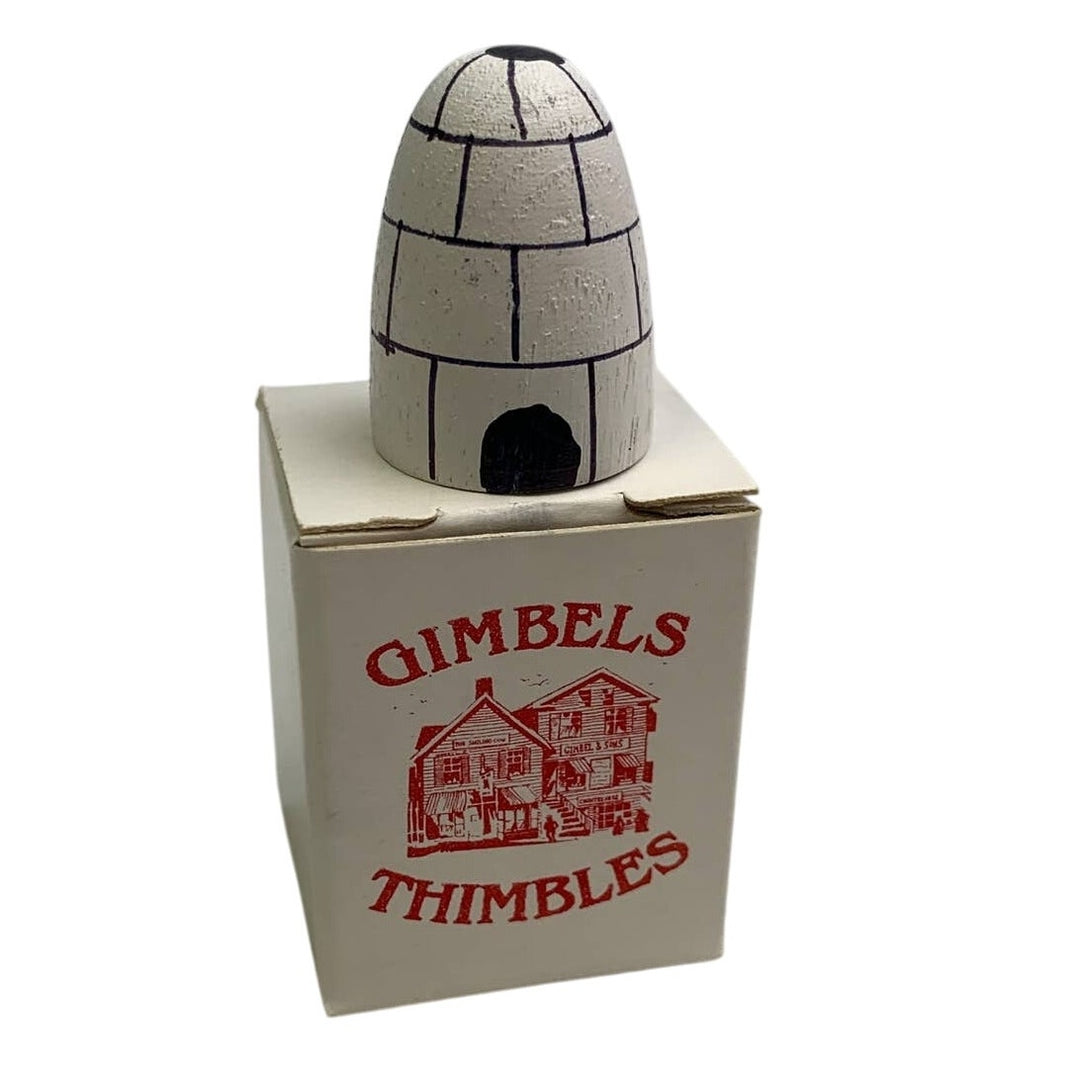 Vintage Gimbels Thimbles Hand-Carved Painted Wooden Igloo Thimble with Box