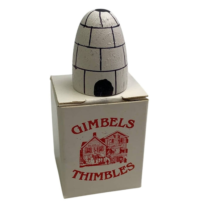 Vintage Gimbels Thimbles Hand-Carved Painted Wooden Igloo Thimble with Box