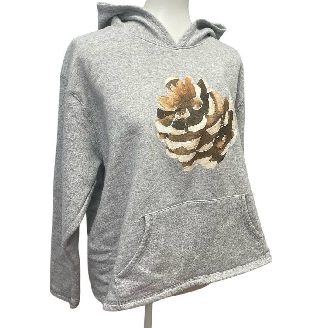 Hand Printed XL Upcycled Rustic Woody Pine Cone Long Sleeve Sweatshirt Hoodie