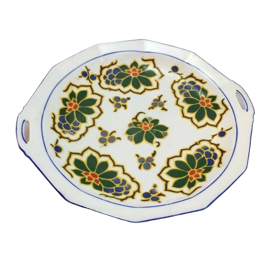 Vintage Made in Germany Hand Painted Ceramic Floral Plate Tray w handles