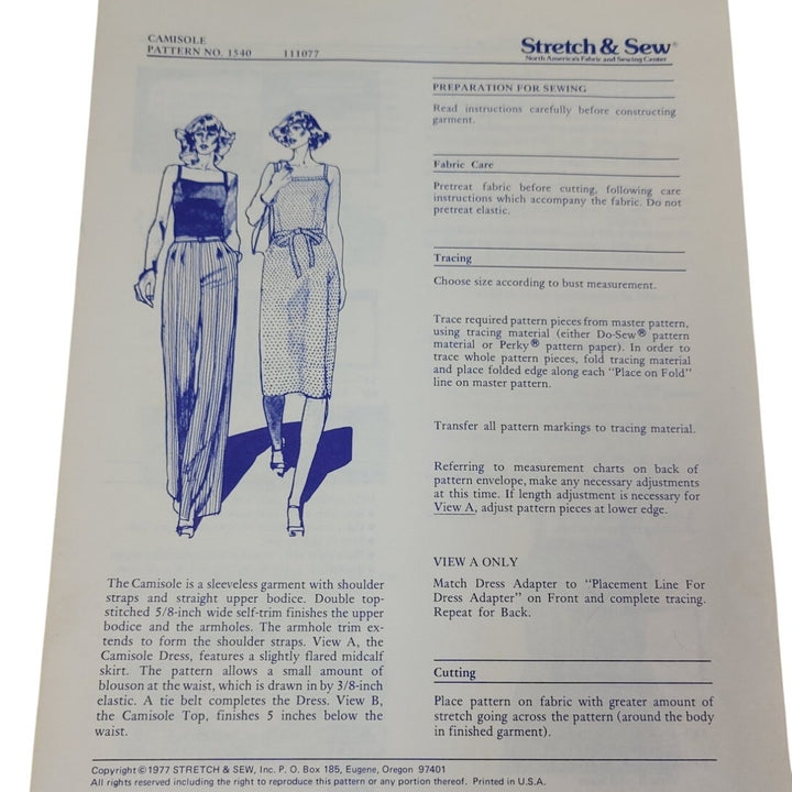1977 Stretch &amp; Sew 1540 Camisole Sewing Pattern, Complete &amp; Uncut