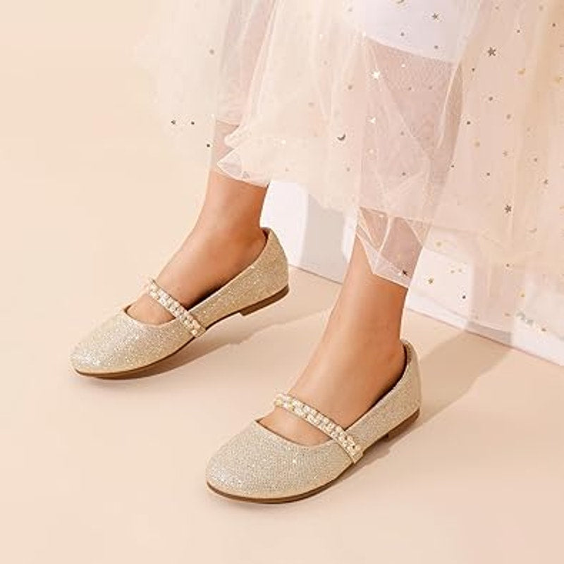 Dream Pairs Big Girls Size 4 Gold Glitter Beaded Mary Jane Ballet Flats Shoes