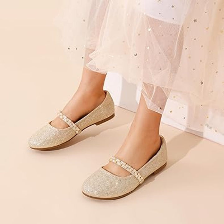 Dream Pairs Big Girls Size 4 Gold Glitter Beaded Mary Jane Ballet Flats Shoes
