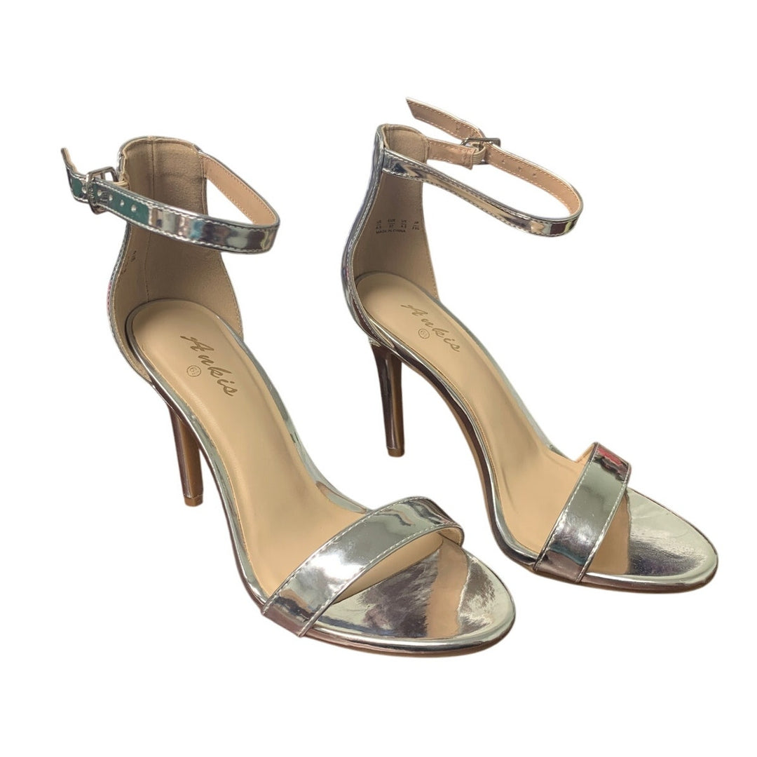New Ankis Womens 6.5 Silver 4" High Heel Open Toe Ankle Strap Stilleto Shoes