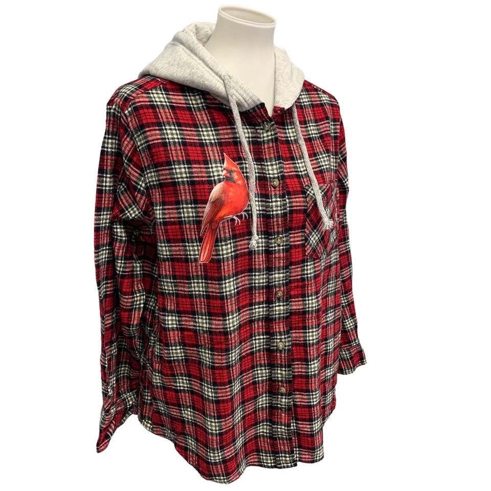 New Hand Printed Womens Large Red Cardinal Bird Long Sleeve Plaid Flannel Hoodie
