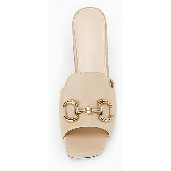 New Gihubafuil Womens Size 7 Tan Gold Buckle Peep Toe 3" Block Heel Shoes w Flaw