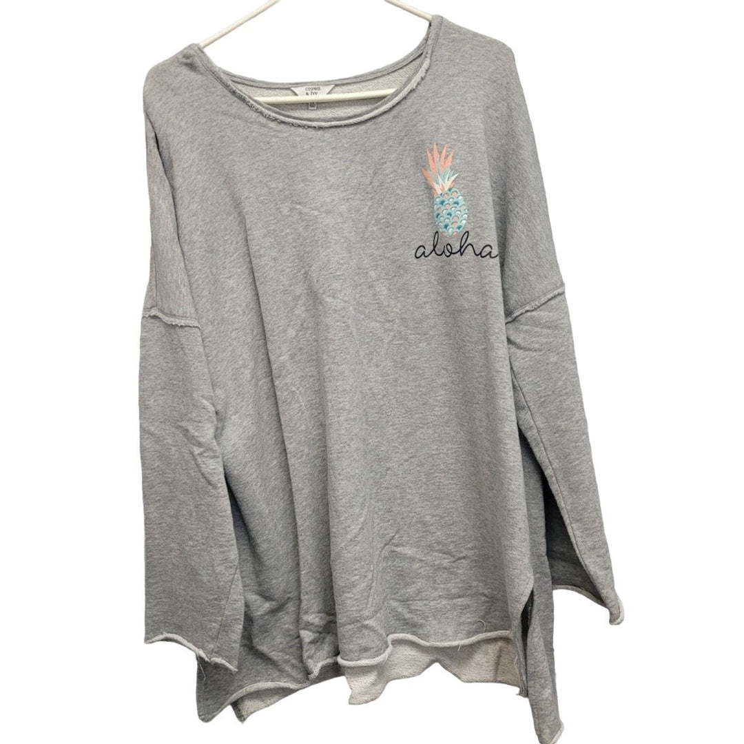 Crown &amp; Ivy Womens XXL Aloha Pineapple 100% Cotton Long Sleeve Scoop Neck Shirt