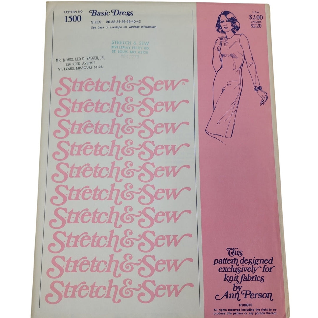 Vintage 1974 Stretch &amp; Sew 1500 Basic Sheath Dress Knit Fabric Uncut Pattern