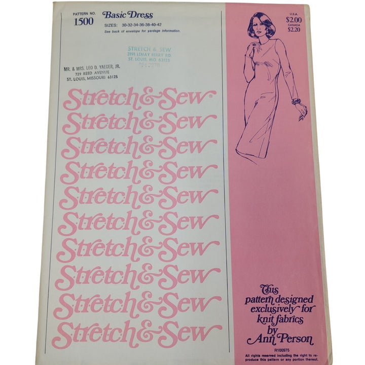 Vintage 1974 Stretch &amp; Sew 1500 Basic Sheath Dress Knit Fabric Uncut Pattern