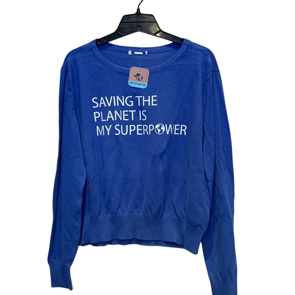 Hand Printed Upcycled Mens Medium Saving the Planet is My Superpower Sweater