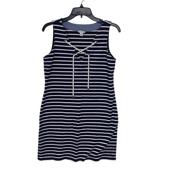 Nautica Womens Medium 100% Cotton Sleeveless Striped Lace Up V Neck Mini Dress